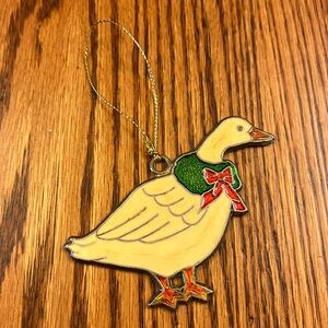 Vintage 70s Goose with Christmas Wreath Stained Glass Suncatcher Ornament